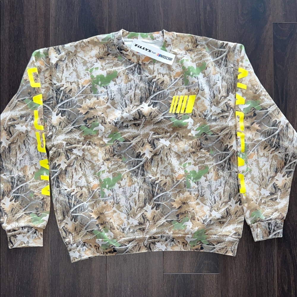 Tilly’s x Nascar Men's Camouflage Crewneck Sweater with Yellow Accents, Size: XL